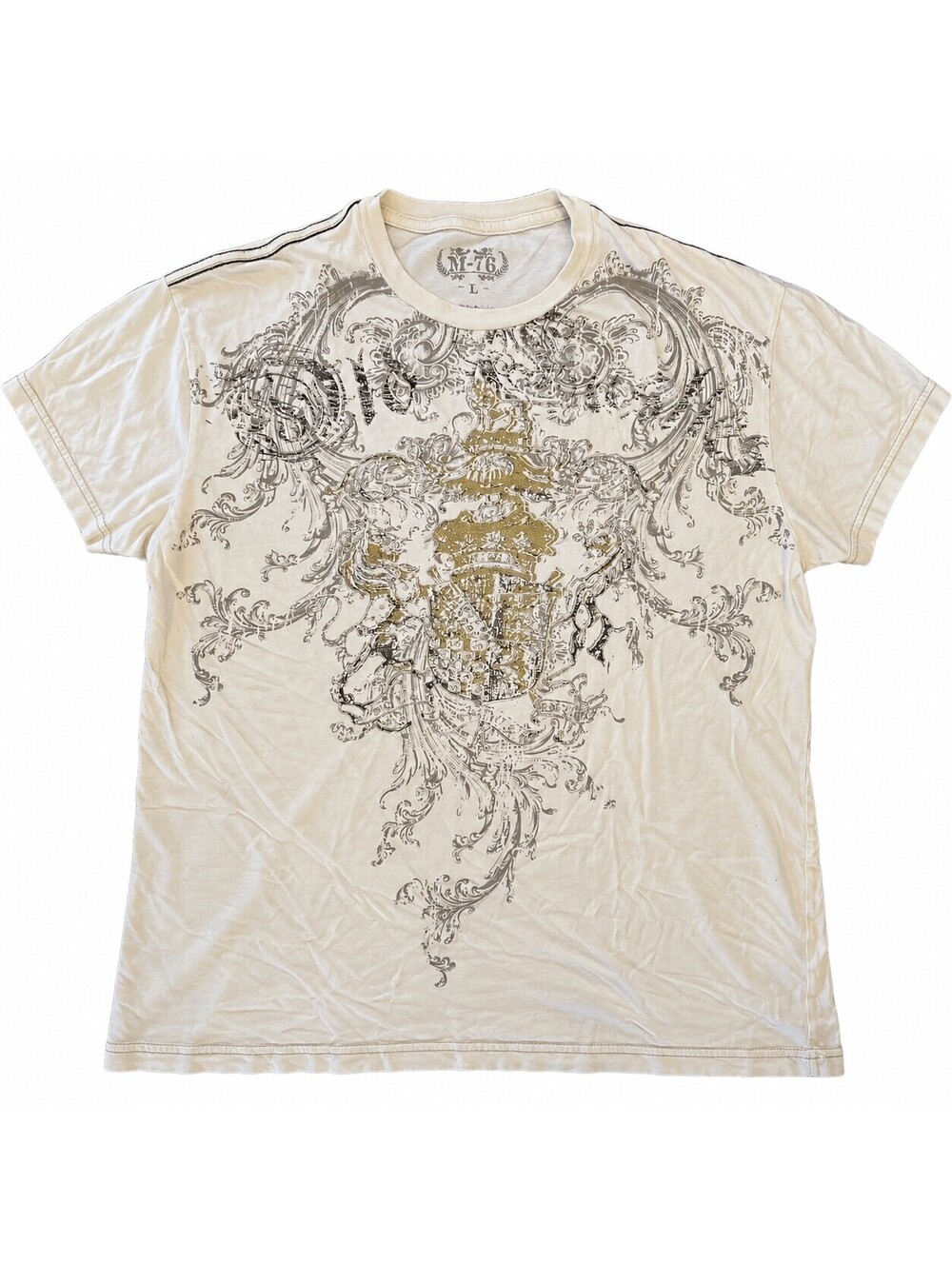 M-76 Y2K Graphic T Shirt Men’s L Ornate Crest Gold